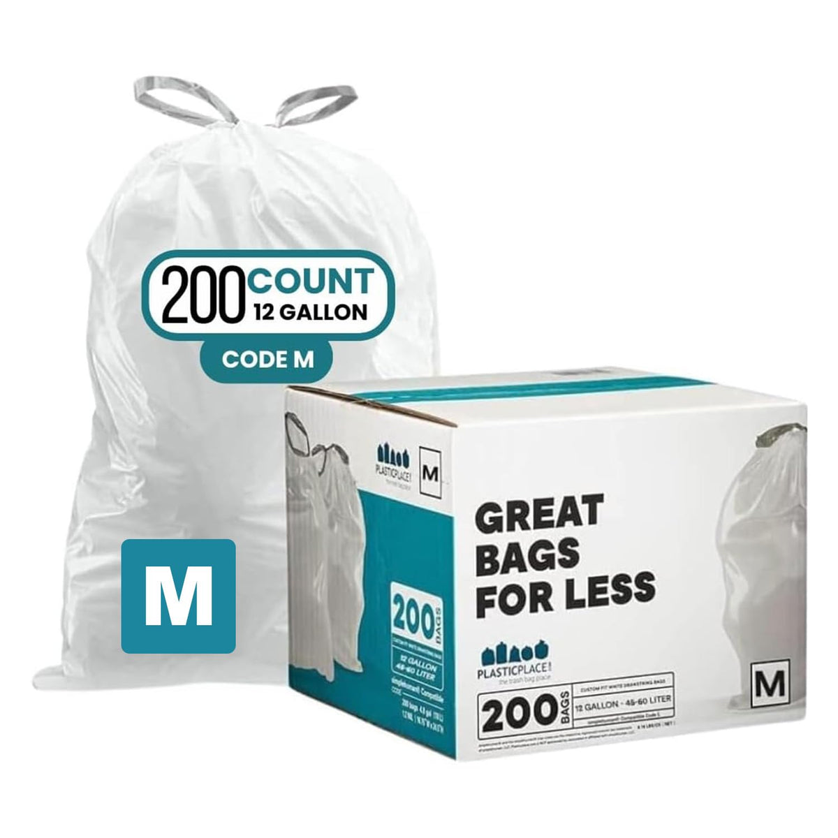 Plasticplace Bolsas de basura Simplehuman (x) compatible con código M (200 unidades), forro de basura blanco con cordón de 12 galones, 45 litros, 21.5 x 30.8 pulgadas