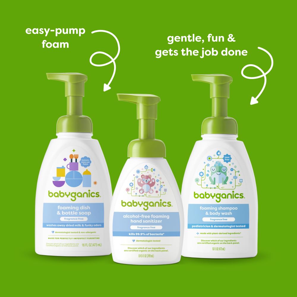 Babyganics Shampoo y Gel de Baño Espumosos 2 en 1 Sin Fragancia 473 ml | Hipoalergénico | Sin Lágrimas | Apto para Bebés y Piel Sensible | Sin Parabenos ni Sulfatos
