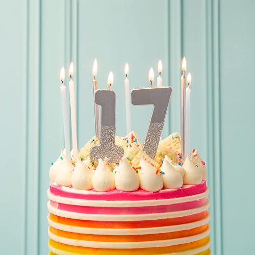 Talking Tables - Paquete de 16 velas de cumpleaños blancas y plateadas con soportes | Largo y alto 4 pulgadas | Decoración de pasteles para cumpleaños, boda, aniversario, NYE