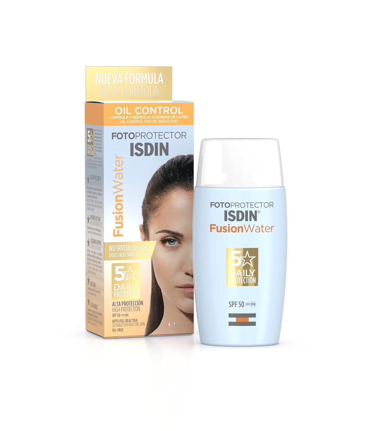 ISDIN Fotoprotector Fusion Water SPF 50, Protector Solar Facial de fase acuosa para uso diario, Textura ultra ligera, 50 ml + reparador labial fluido con acido hialuronico. protege y repara los labios