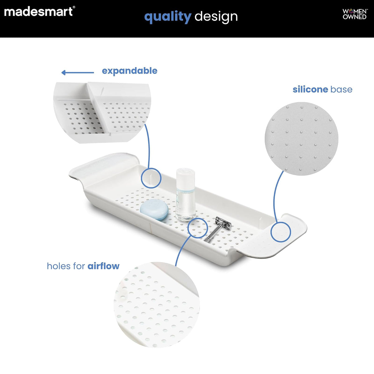 madesmart - Bandeja de baño expandible para bañeras, Ducha de plástico y Estante de baño, Blanco, Organizador de baño Multifuncional para Tina, Color Blanco