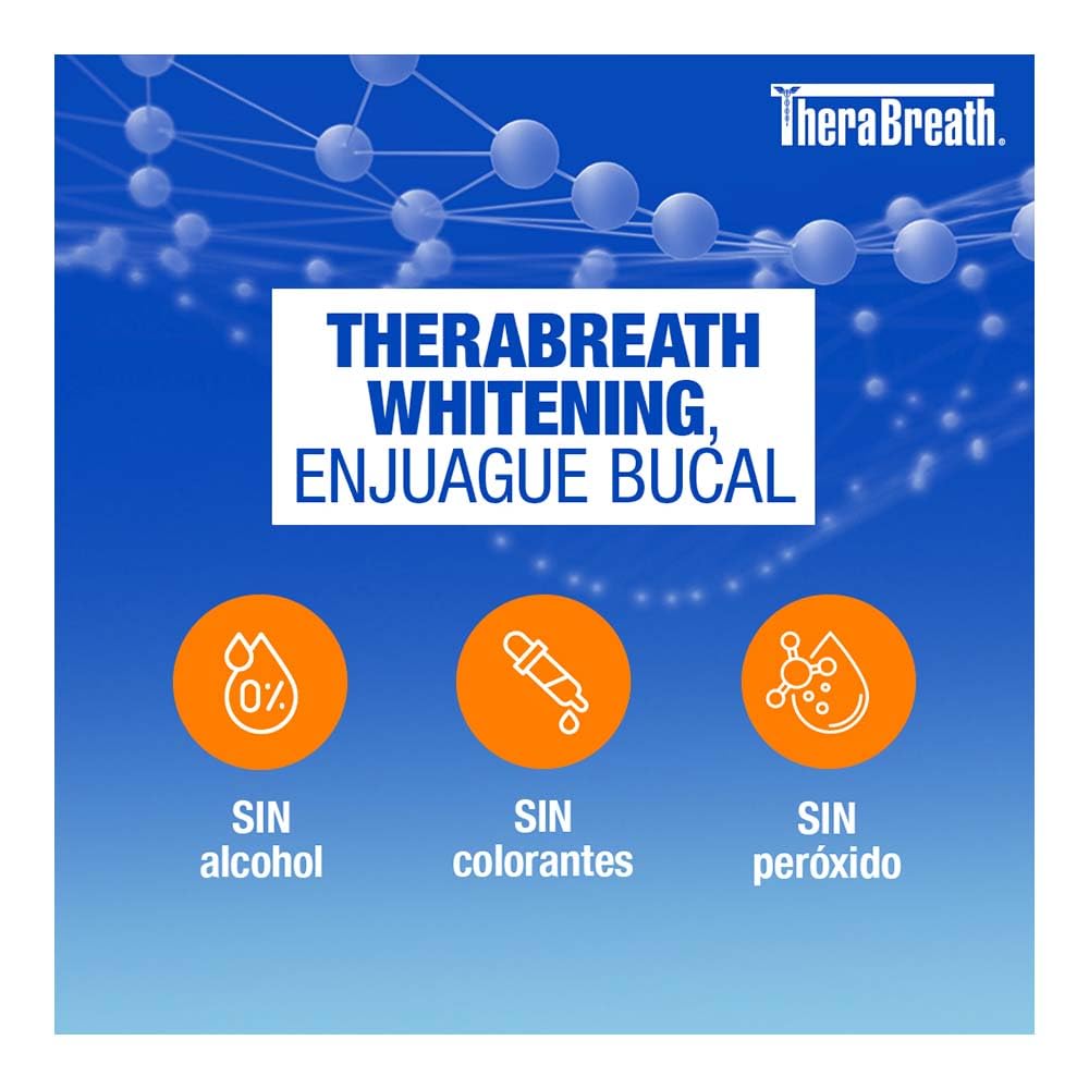 TheraBreath Enjuague Bucal sin Alcohol Whitening, Menta Brillante 473 ml. | Elimina y Previene Manchas en los Dientes. Aliento Fresco, Fórmula sin Peróxido, De Uso Diario. Desarrollado por Dentistas