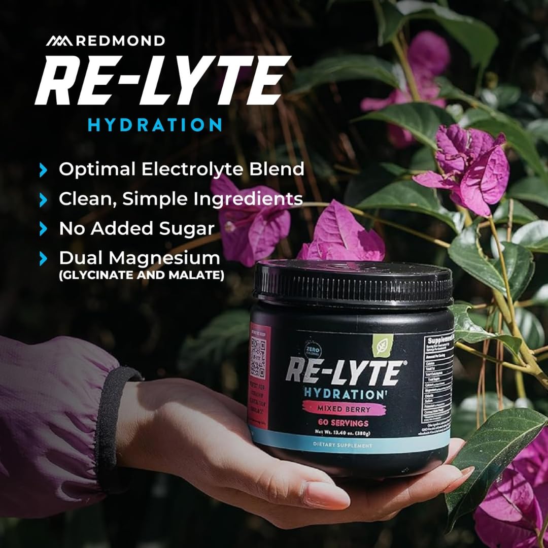 REDMOND RE-LYTE, Electrolitos Naturales con Real-Salt, Hidratación Clean sin Calorías ni Azúcares, 60 Porciones, Sabor Mixed Berry