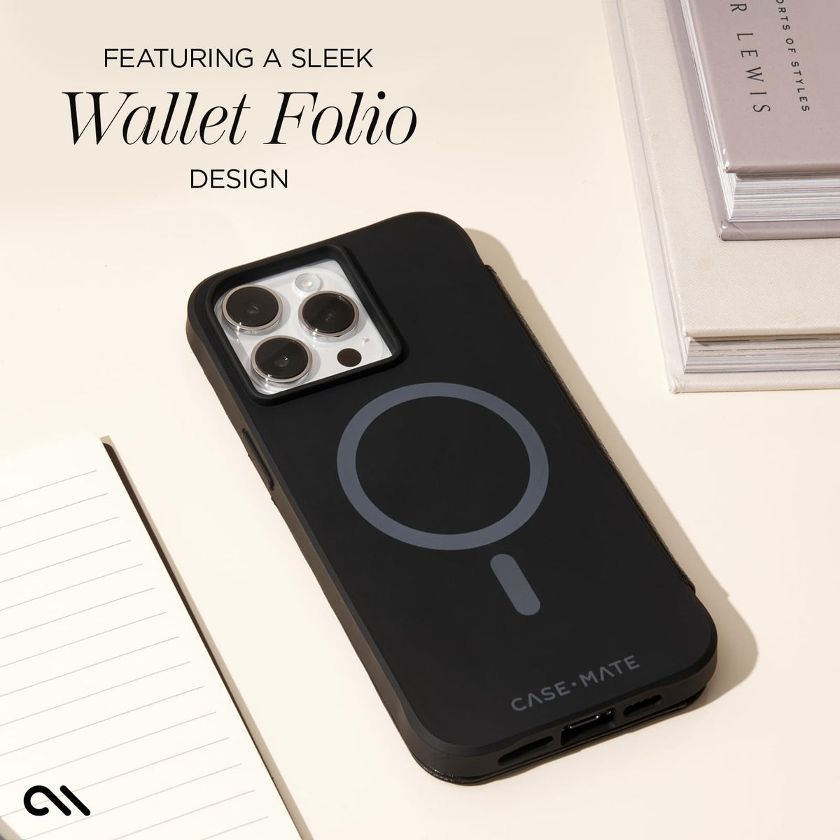 Case-Mate - Funda tipo portafolios para iPhone 15 Pro Max, color negro [protección contra caídas de 12 pies] [compatible con MagSafe] Funda magnética con tapa tipo folio hecha con piel guijarro auténtico, soporte de paisaje, efectivo y tarjetero