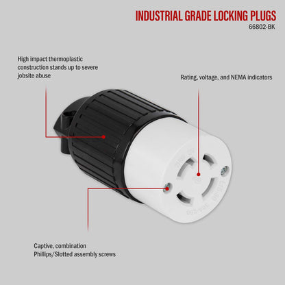 ENERLITES Conector de Cable de Bloqueo NEMA L15-30R 66802-BK | Negro, 30A, 250V, 3 fases, 3P, 4W, grado industrial, conexión a tierra, 1 paquete