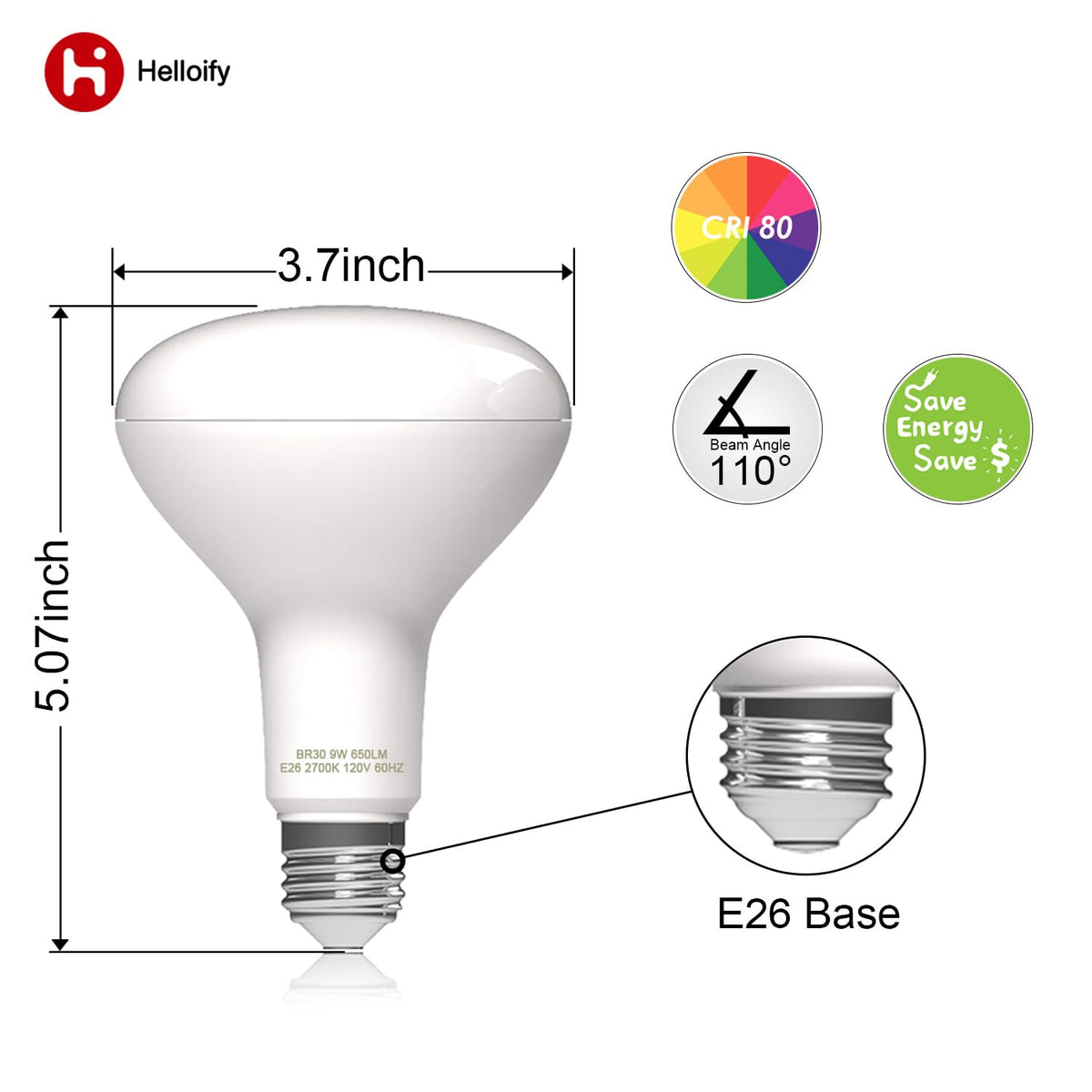 Helloify BR30 - foco LED de inundación, 9 W, equivalente a 65 W, luz blanca suave de 2700 K, lámpara de ahorro de energía para oficina/hogar, no regulable, base de tornillo E26, 6 unidades
