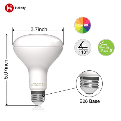 Helloify BR30 - foco LED de inundación, 9 W, equivalente a 65 W, luz blanca suave de 2700 K, lámpara de ahorro de energía para oficina/hogar, no regulable, base de tornillo E26, 6 unidades