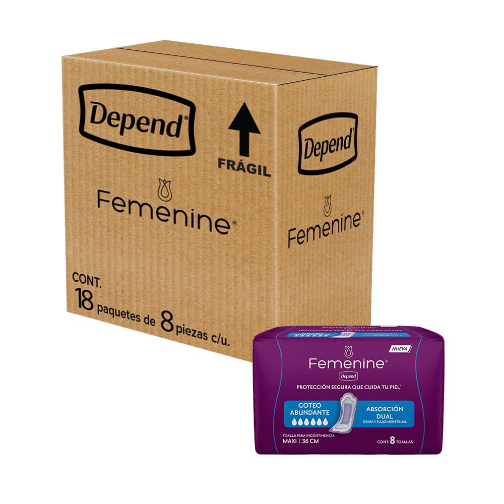 Depend Femenine Toalla Maxi para incontinencia, Caja con 18 Paquetes de 8 Piezas (144 Piezas). Ideal para goteo abundante. Absorción dual: absorbe orina y flujo menstrual. Con Tecnología Ultra Absorb®