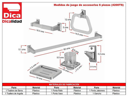Dica 4200TS Juego Completo de Accesorios de 6 Piezas para Baño, Acabado en Cromo