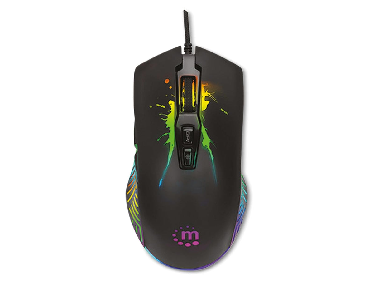 Manhattan 190220 Mouse Gaming Óptico cableado USB con iluminación LED, Siete Botones con Rueda de Desplazamiento, 7200 dpi Ajustables