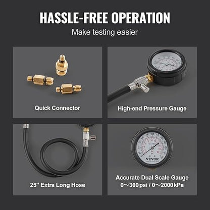 VEVOR Kit adaptador de probador de compresión, 9 piezas de prueba de compresión de fugas de cilindro de motor automotriz, medidor de presión preciso de doble escala 0-300 psi, con mangueras de largo