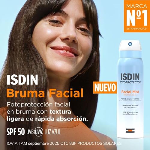 ISDIN Fotoprotector Facial Mist SPF50, Protector Solar facial en spray formato bruma ultrafina e invisible, Protege, hidrata y refresca tu piel, 100ml