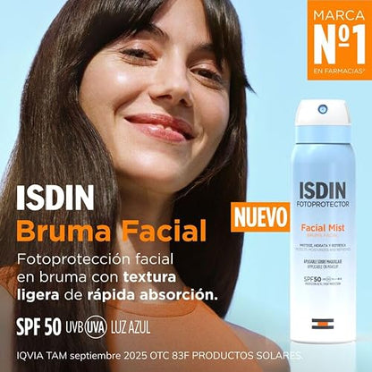 ISDIN Fotoprotector Facial Mist SPF50, Protector Solar facial en spray formato bruma ultrafina e invisible, Protege, hidrata y refresca tu piel, 100ml