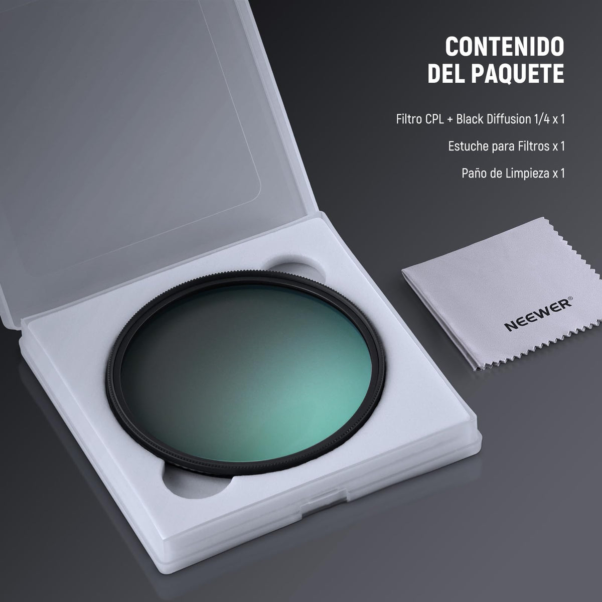 NEEWER 2 en 1 CPL + Difusión Negra 1/4 para Filtro de Efecto Cinematográfico de Niebla, Reducción de Deslumbramiento con Polarización Circular Efecto Cinematográfico Ensueño para Lente Cámara, 58mm