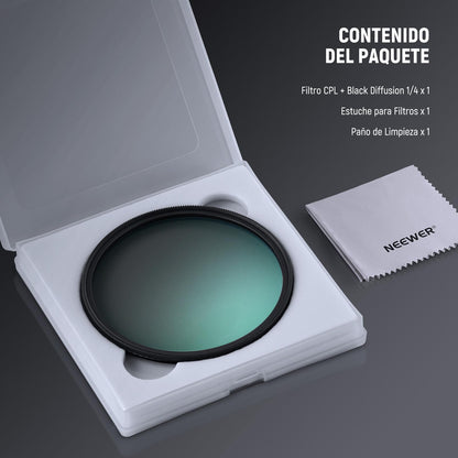 NEEWER 2 en 1 CPL + Difusión Negra 1/4 para Filtro de Efecto Cinematográfico de Niebla, Reducción de Deslumbramiento con Polarización Circular Efecto Cinematográfico Ensueño para Lente Cámara, 58mm