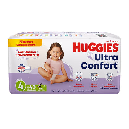 Huggies UltraConfort Pañal Desechable para Bebé, Etapa 4 Niña, Paquete con 40 Piezas, Ideal para niñas de 9 a 12 kg