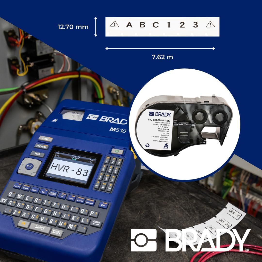 Brady Authentic (M4C-500-595-WT-BK) Etiquetas de vinilo para todo tipo de clima, 0.5 pulgadas de ancho x 25 pies, negro sobre blanco. Para uso con impresoras de etiquetas BMP41, BMP51, M410, M510 y