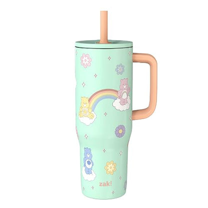 Zak Designs Care Bears Sutton - Vaso de viaje para uso en movimiento, acero inoxidable de 30 onzas con aislamiento al aspiradora, popote de silicona y asa de transporte para bebidas frías (osos de