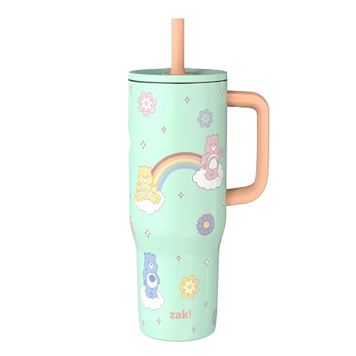 Zak Designs Care Bears Sutton - Vaso de viaje para uso en movimiento, acero inoxidable de 30 onzas con aislamiento al aspiradora, popote de silicona y asa de transporte para bebidas frías (osos de