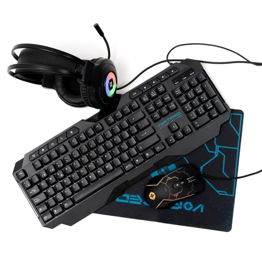 Perfect Choice Vortred Kit Gamer 4 en 1, Teclado, Mouse, Audífonos, Mouse Pad, Negro, Gear Up!