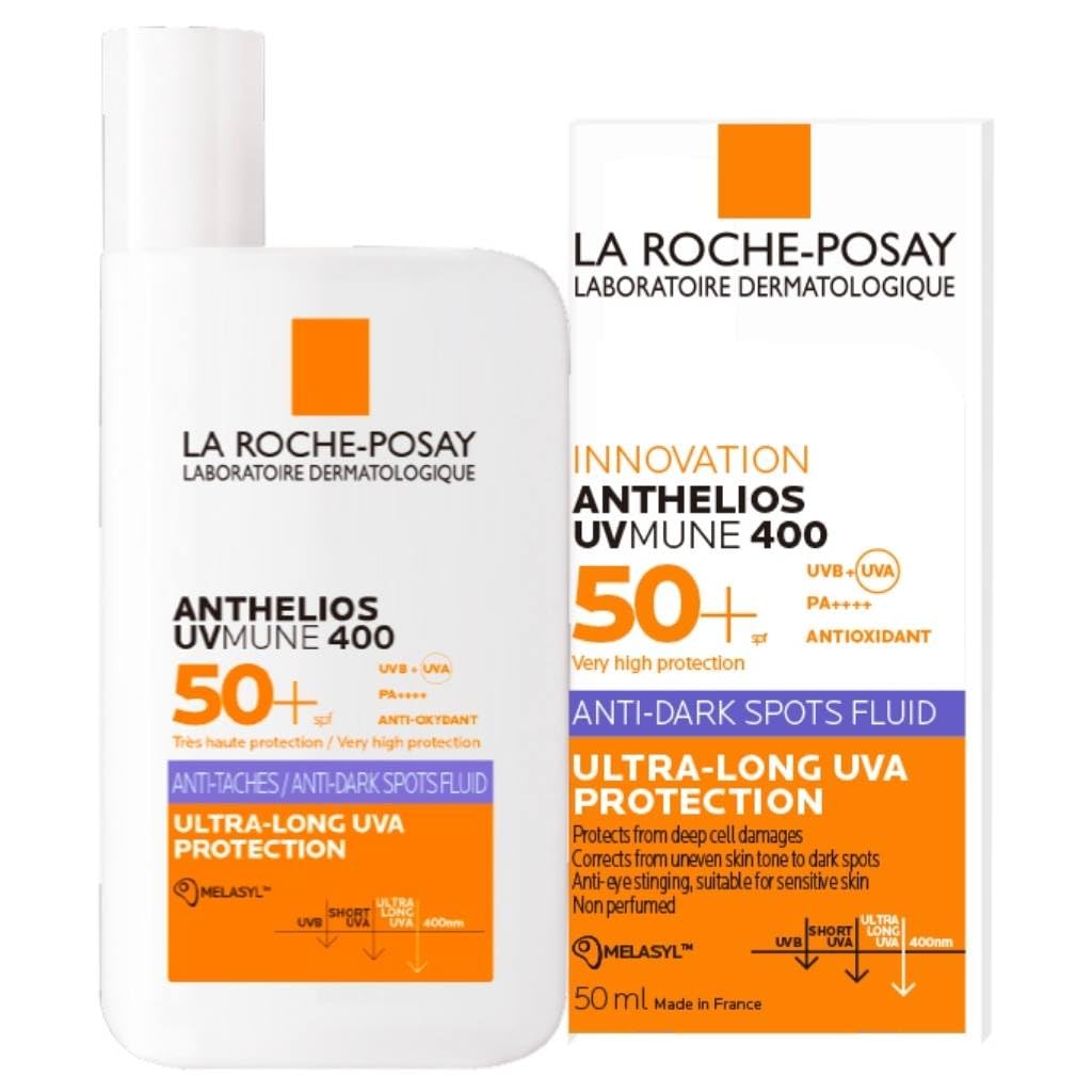 La Roche-Posay Anthelios UVMUNE 400 Fluido Antimanchas SPF50+ Protector solar. Apto para todo tipo de pieles y fototipos. Protege y corrige desde el tono desigual hasta las manchas oscuras.