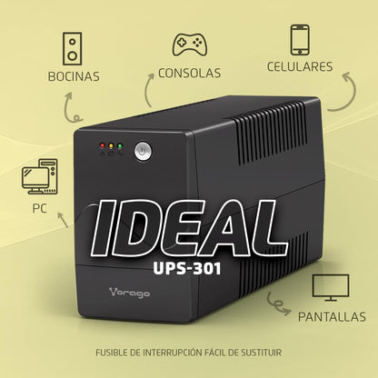 Vorago No Break UPS-301 800VA 480W Regulador y Batería de Respaldo Hogar Oficina para TV, Computadoras y Consolas