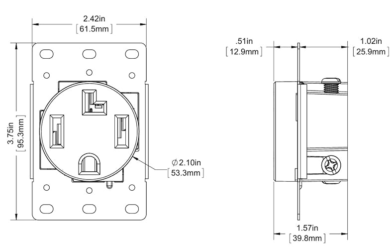Leviton 00278-S00 Receptáculo de montaje empotrado, Hoja recta, grado Industrial, 30Amp, 125/250 V, NEMA 14-30R, 3P, 4H