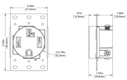 Leviton 00278-S00 Receptáculo de montaje empotrado, Hoja recta, grado Industrial, 30Amp, 125/250 V, NEMA 14-30R, 3P, 4H