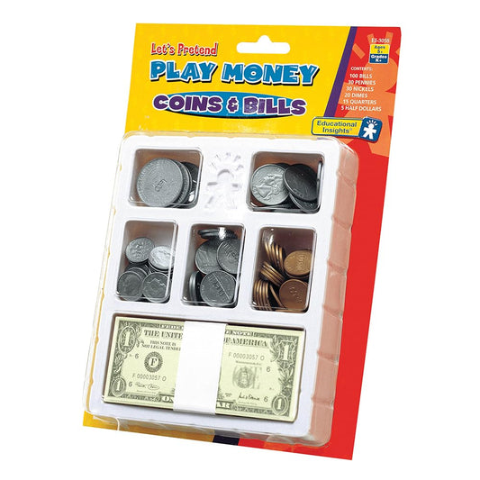 Educational Insights Play Money Coins & Bills Tray, juego de 200 piezas de dinero ficticio para moneda, habilidades de conteo y juego de simulación, para mayores de 5 años
