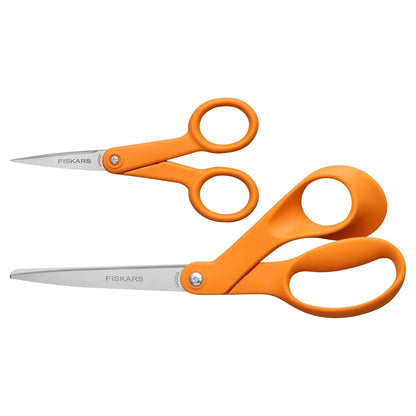 Fiskars - Juego de 2 tijeras originales con mango naranja, micro punta de 5 pulgadas y tijeras de acero inoxidable de 8 pulgadas, suministros de papel y tela para oficina, artes y manualidades, color