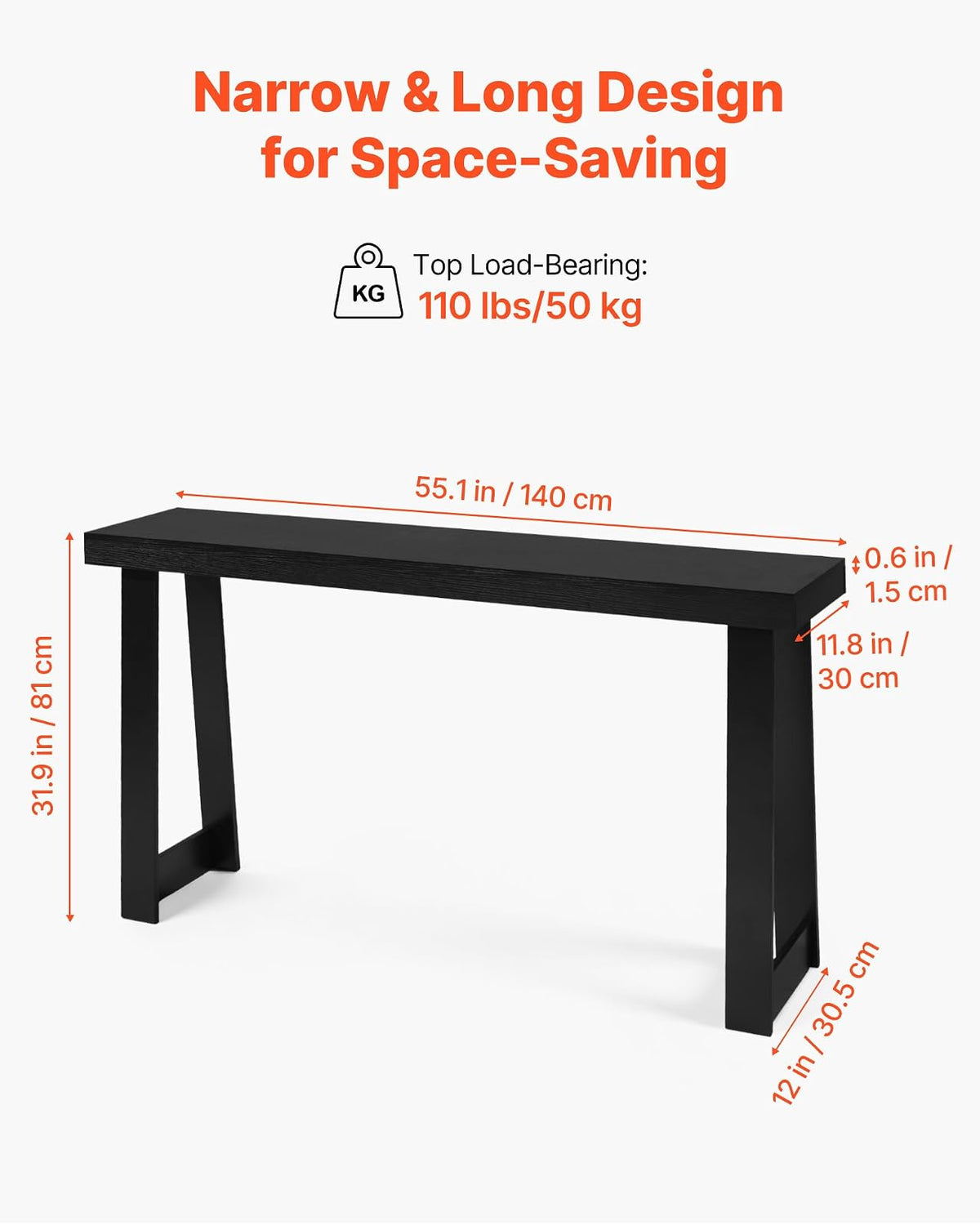 VEVOR Mesa Consola Moderna, Mesa Auxiliar Rectangular para Colocar Detrás del Sofá, 140 x 30,5 x 81 cm, Fabricada en Panel Multicapa, para Recibidor, Dormitorio, Sala de Estar, Negro, Carga 50 kg