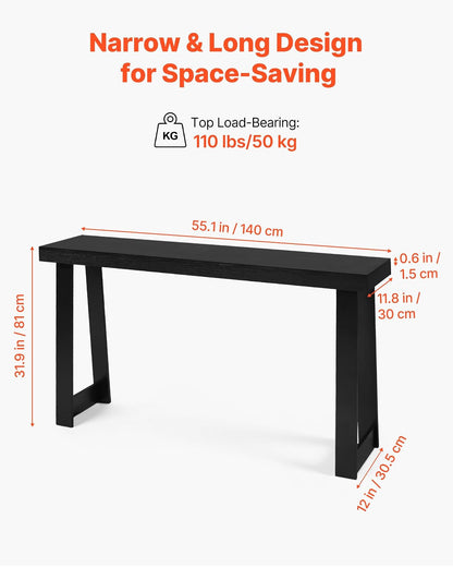 VEVOR Mesa Consola Moderna, Mesa Auxiliar Rectangular para Colocar Detrás del Sofá, 140 x 30,5 x 81 cm, Fabricada en Panel Multicapa, para Recibidor, Dormitorio, Sala de Estar, Negro, Carga 50 kg