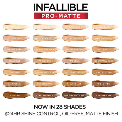 L'Oreal Paris Cosmetics Makeup Infallible Pro-Matte Liquid Longwear Foundation, Ivory Beige 107.5, 1 fl. oz., 107.5 Ivory Beige