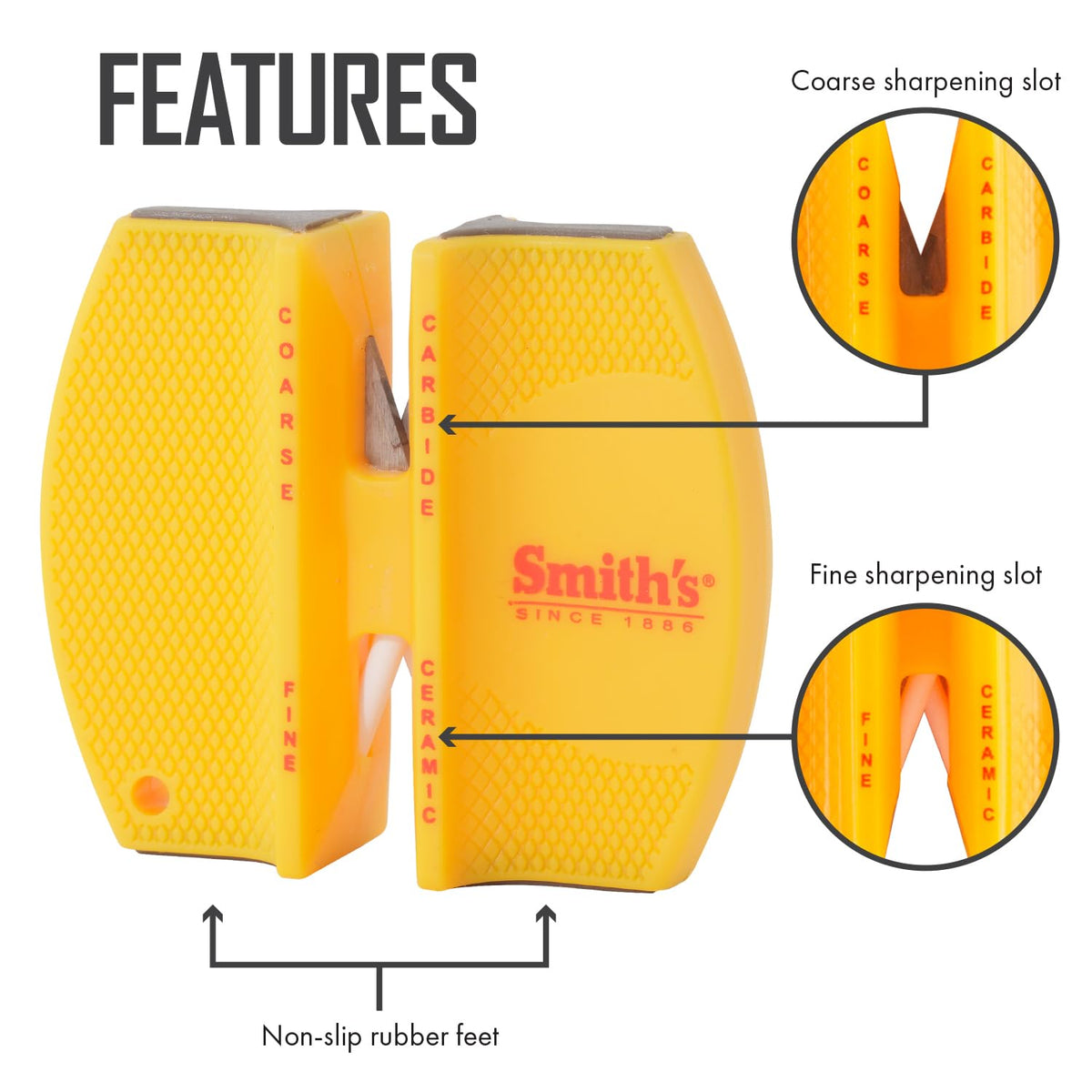 Smith's CCKS - Afilador de cuchillos de 2 pasos - Amarillo - Ranuras gruesas y finas preestablecidas de 2 pasos - Afilador de cuchillos de mano para exteriores, pesca, caza, filete, cuchillos de