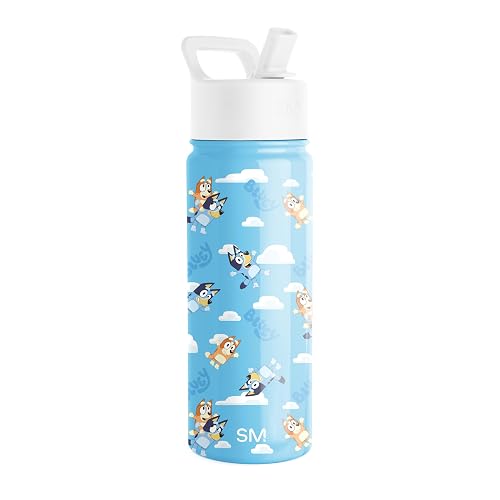 Simple Modern - Botella de agua Summit para niños, con tapa de popote, vaso aislado de acero inoxidable de 18 onzas, para niñas, niños, escuela, Bluey Sky