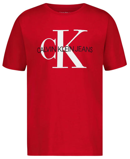 Calvin Klein - Playera de Manga Corta con Bolsillo y Cuello Redondo para niños, Suave, cómoda, Ajuste Relajado - 14-16 - Rojo (Racing red)