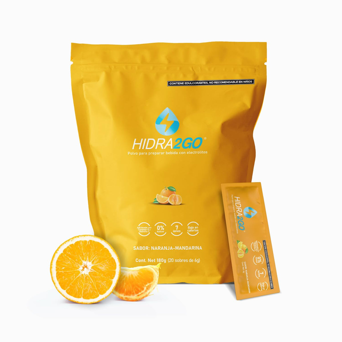 Hidra2go Electrolitos en Polvo Sin Azúcar, Bolsa con 20 a 30 Sobres - Naranja-Mandarina - Bolsa x20