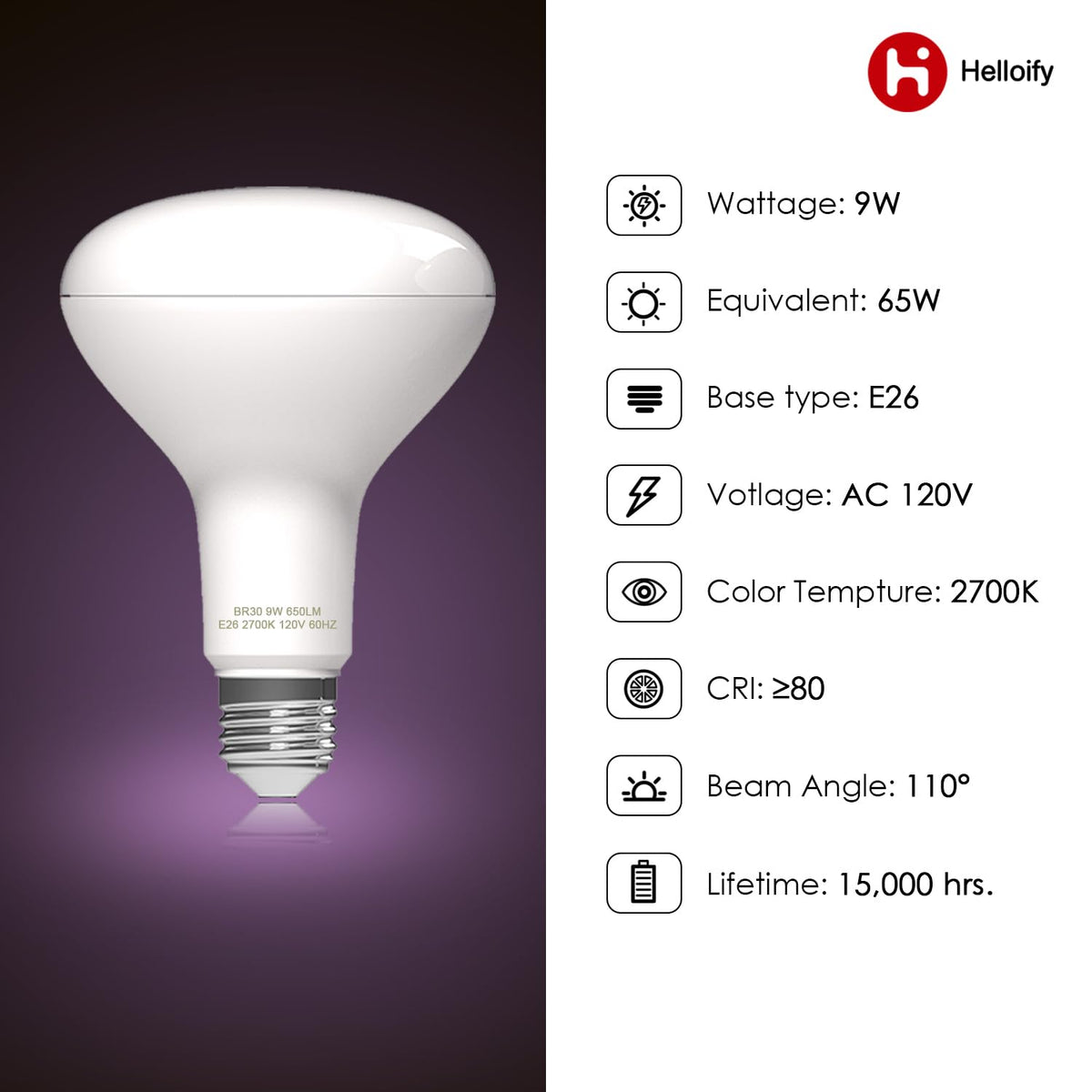 Helloify BR30 - foco LED de inundación, 9 W, equivalente a 65 W, luz blanca suave de 2700 K, lámpara de ahorro de energía para oficina/hogar, no regulable, base de tornillo E26, 6 unidades