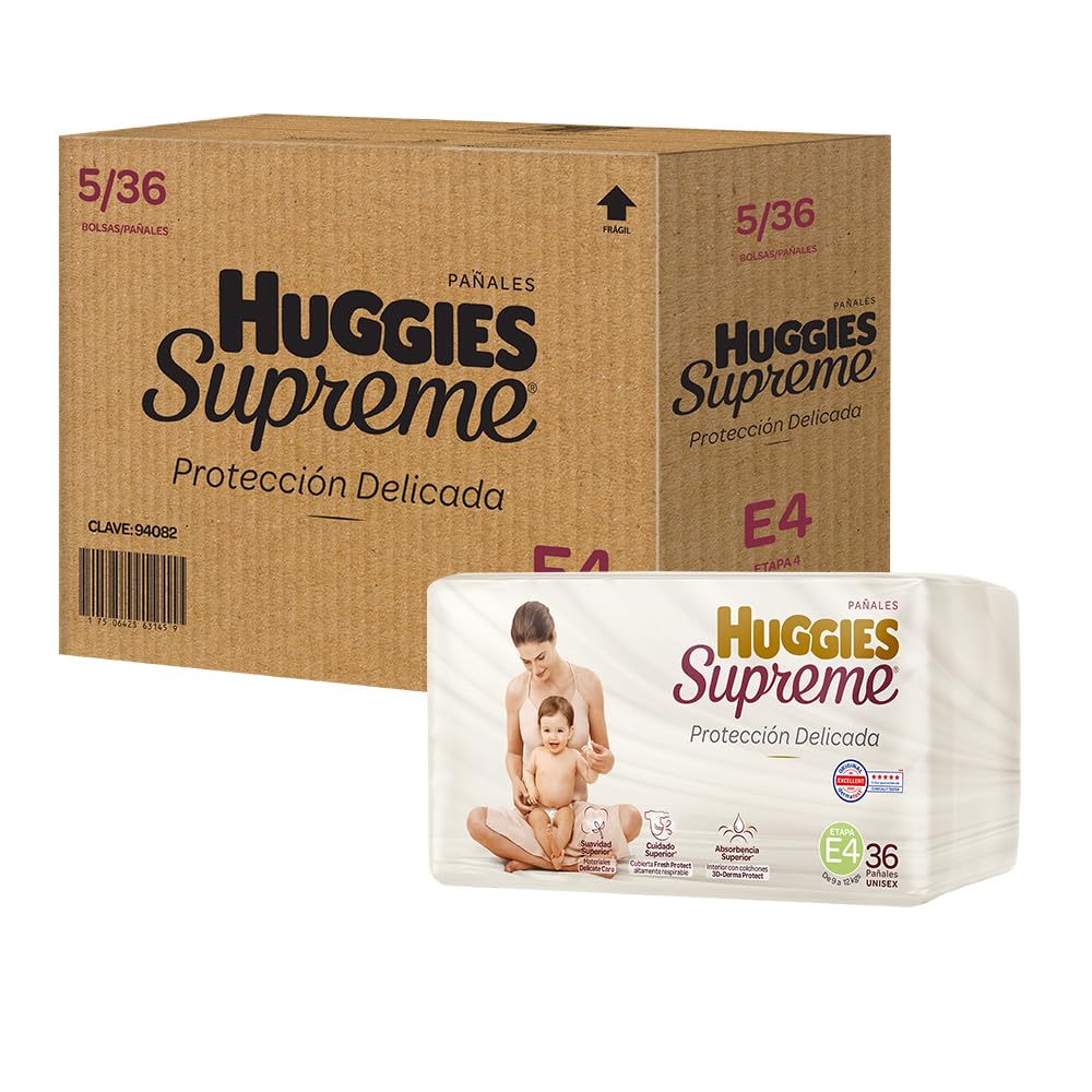Huggies Supreme Pañal Desechable para Bebé, Etapa 4 Unisex, Caja con 180 Piezas, Ideales para Bebés de 9 a 12 kg