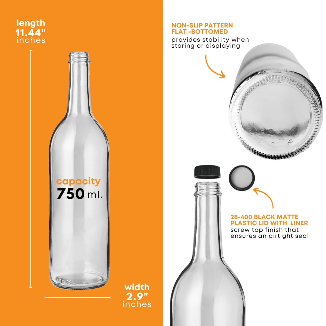 FastRack - Botellas de vino de color burdeos transparentes de 750 ml (paquete de 12) acabado con rosca superior con 12 tapas de plástico negro | Botellas de vidrio de fondo plano W5 ideales para