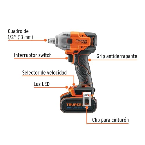 Truper PRO LIMI-20A2, Llave impacto inalámbrica 1/2" 20 V brushless con 1 batería de 4 Ah y 1 cargador