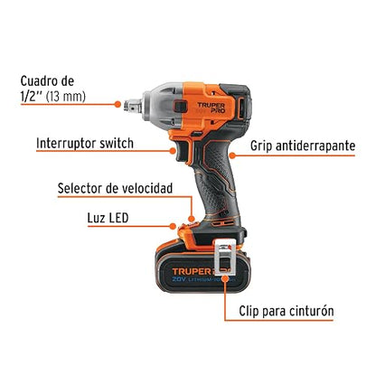 Truper PRO LIMI-20A2, Llave impacto inalámbrica 1/2" 20 V brushless con 1 batería de 4 Ah y 1 cargador
