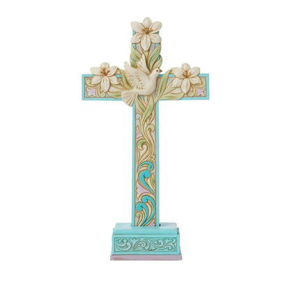 Enesco Jim Shore Heartwood Creek Cross con lirios de Pascua y paloma, 7.83 pulgadas, multicolor