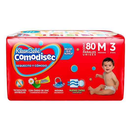 KleenBebé Comodisec Pañal Para Bebé, Tamaño Mediano, Unisex, Paquete Con 80 Pañales Desechables
