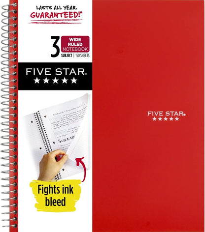 Five Star Cuaderno Espiral 3 Materias Raya Ancha 150 Hojas - Rojo - 8" x 10-1 - 2" (Pack of 1)