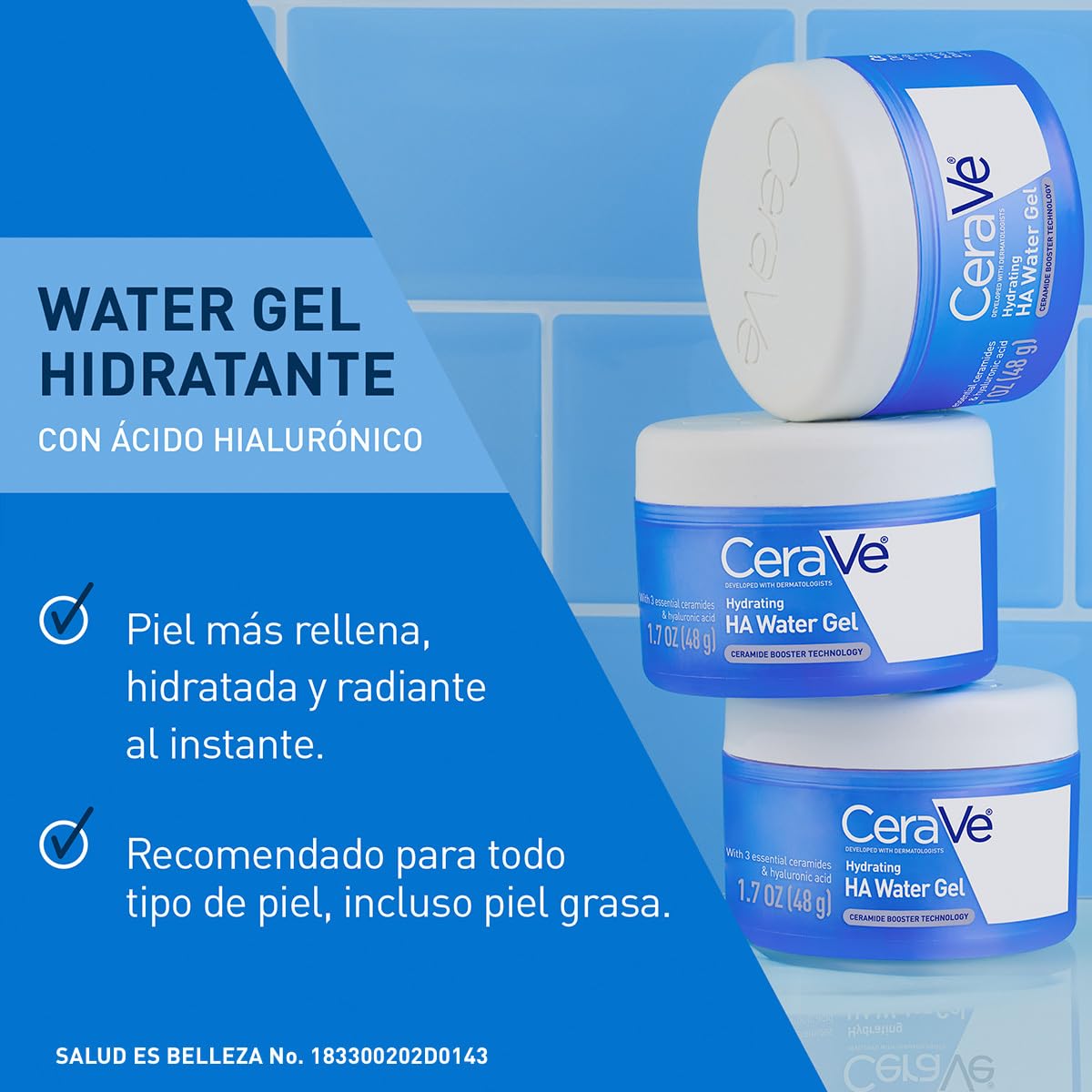 Water Gel Hidratante Ácido Hialurónico de CeraVe para una hidratación con efecto PLUMP, con 3 ceramidas idénticas a las de la piel, ácido hialurónico, niacinamida y cobre PCA, 48g