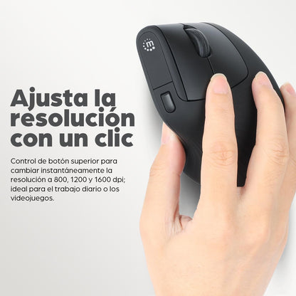 Manhattan 190336 Mouse Ergonómico Vertical Inalámbrico USB 2.4 GHz con nanorreceptor, 800/1200/1600 dpi Ajustables, diseño ergonómico 60°, Compatible con Windows, macOS, Linux y ChromeOS