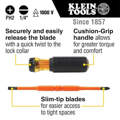 KLEIN TOOLS 32287INS | Desarmador 2 En 1 | 1000 V | Puntas Intercambiables | Desarmador 2 en 1 con puntas intercambiables y aislamiento de 1000 V, ideal para trabajos eléctricos en espacios reducidos.