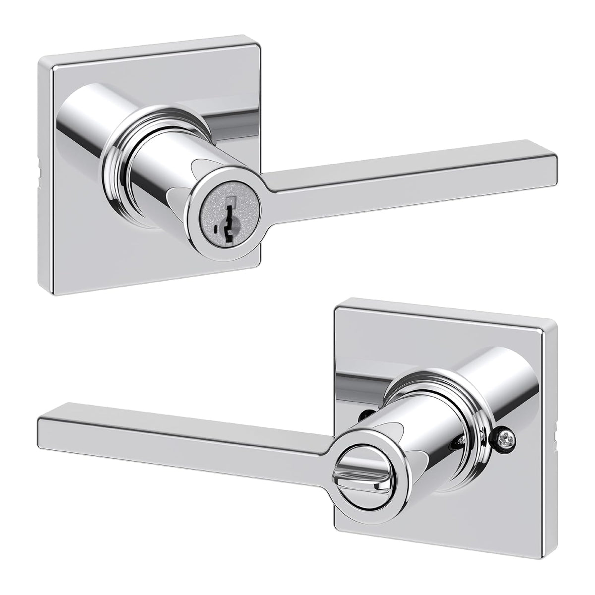 Kwikset Casey - Manija de puerta de entrada con cerradura y llave, palanca reversible con llave segura exterior, cerradura de puerta, para entrada frontal y dormitorios, cromo pulido, resistente a la