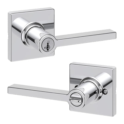 Kwikset Casey - Manija de puerta de entrada con cerradura y llave, palanca reversible con llave segura exterior, cerradura de puerta, para entrada frontal y dormitorios, cromo pulido, resistente a la